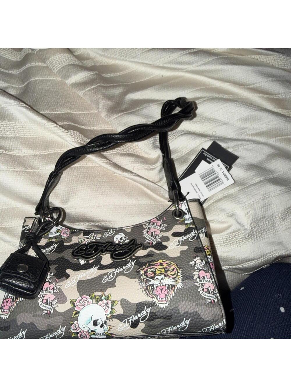 Ed Hardy Small Tote Gray & Pinks Skull Pink Roses Tiger Dagger Heart NWT
